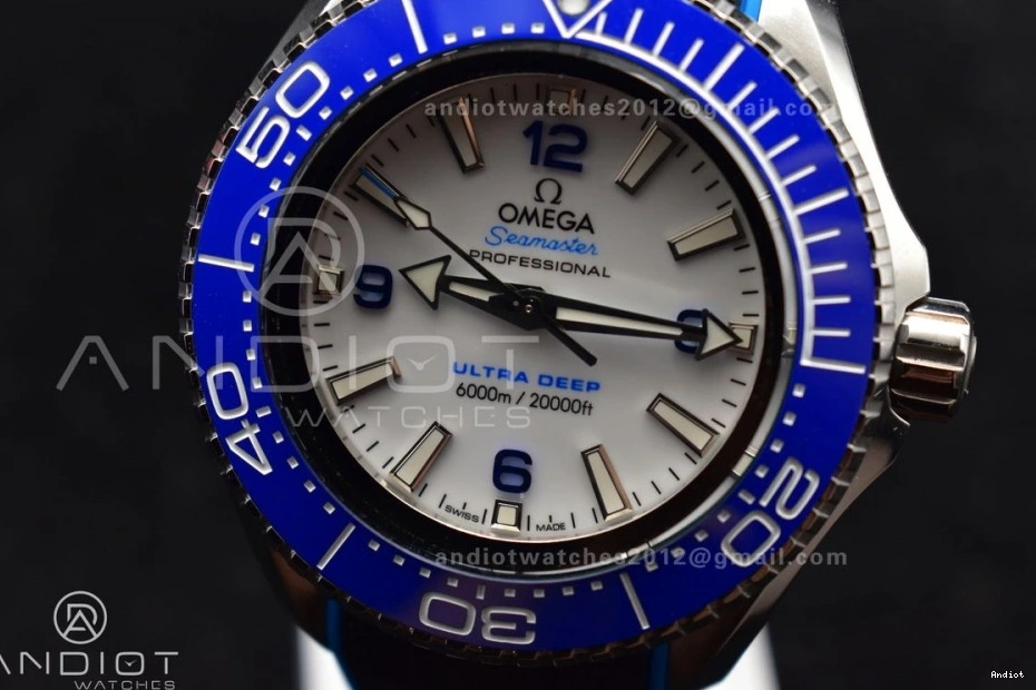 Blue Seamaster White on TF A2824 Dial 1:1 Deep Ultra 6000M Ceramic Bezel Black Strap Best Rubber Edition SS 1221